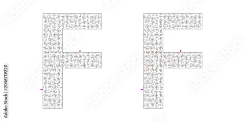 Alphabet letter F Abstract outline shaped maze puzzle vector with answer in red lines with purple, graphic illustration for Kids activity page, Printable game and books publishing