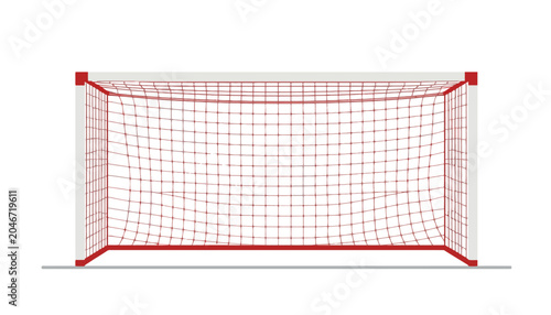 A red soccer goal with a net, ready for a game