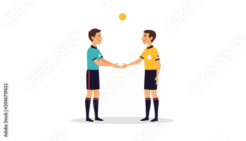 Two male soccer players in uniform shaking hands after a match, with a soccer ball above them