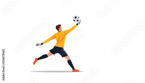 A male soccer goalkeeper in mid-air, reaching to catch a soccer ball. He is wearing a yellow long-sleeved jersey, dark shorts, and blue socks with orange accents.