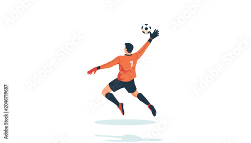 A soccer goalkeeper in mid-air, catching a ball with his glove. He is wearing an orange jersey and blue shorts, with the number 1 on his back