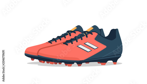 A pair of athletic soccer cleats in coral and navy blue, ready for the game