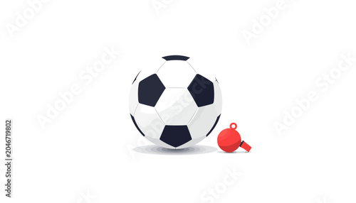 A soccer ball and a referee's whistle on a plain surface