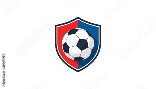 A soccer ball emblem displayed on a shield with red and blue sections. The emblem represents sports and competition, with a modern and clean design