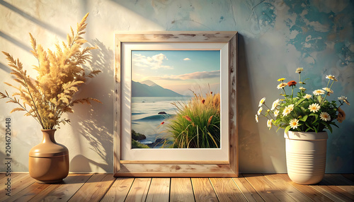 Framed landscape artwork with natural dried grasses and potted daisies against textured wall and wooden floor, soft sunlight.