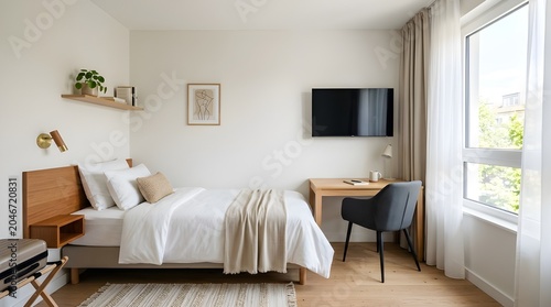 Minimalist hotel room interior with single bed and wooden desk, modern boutique guest room design, bright Scandinavian style apartment bedroom