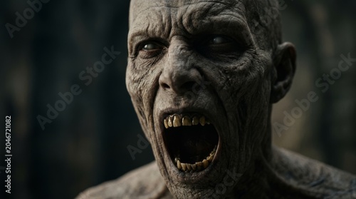 Horrifying zombie monster with open mouth and sharp teeth, grotesque undead creature with gaunt face and blood-stained skin, a chilling halloween concept or horror movie character