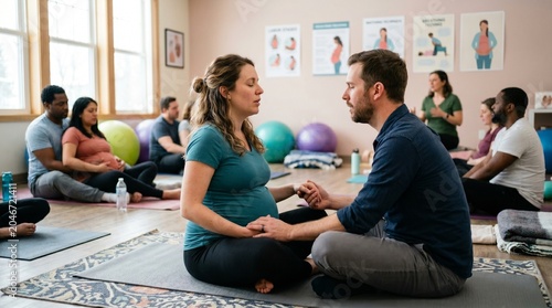 Pregnant woman and partner participate in childbirth education class with instructor and other couples