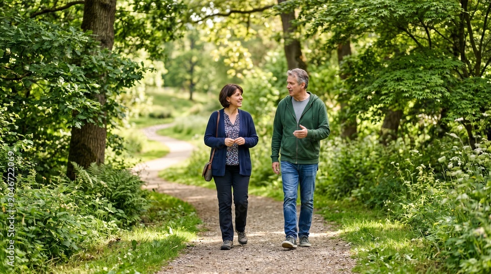 Obraz premium Mature couple enjoying a leisurely walk on a scenic forest path surrounded by lush green trees and foliage on a sunny day