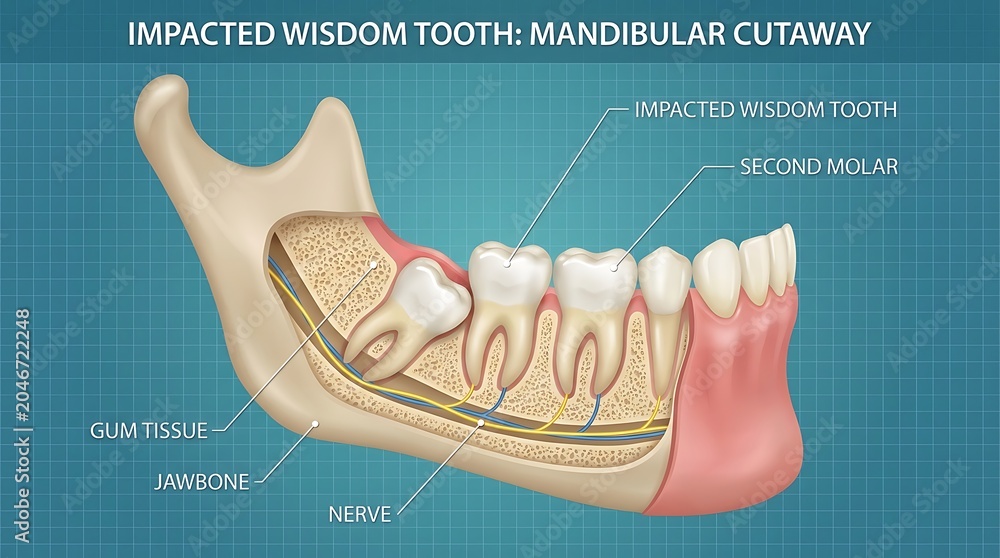 Fototapeta premium Mandibular cutaway showing impacted wisdom tooth and nerve