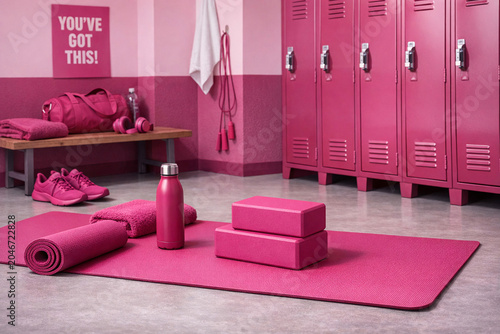 Brightly Lit Gym Locker Room with Pink Lockers and Towels