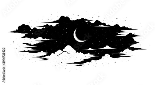 Night sky crescent moon with clouds silhouette vector illustration design