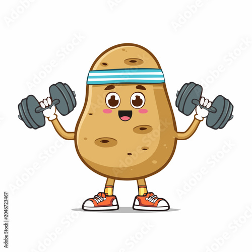 Cartoon potato character lifting dumbbells