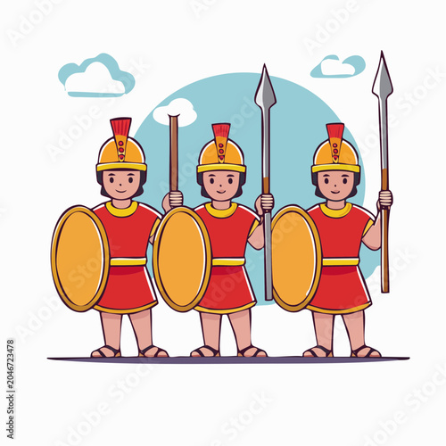 Cartoon Roman Soldiers with Shields and Spears