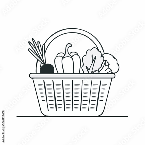 Line art illustration of a basket full of fresh vegetables
