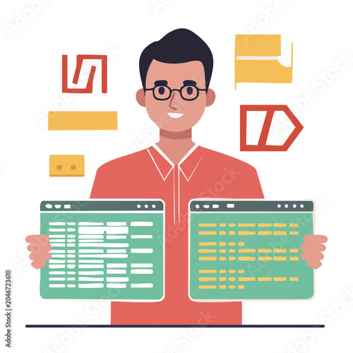 Man with computer screens and abstract shapes, flat design
