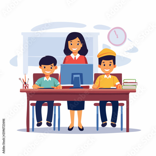 Teacher with two students learning at a computer in a classroom