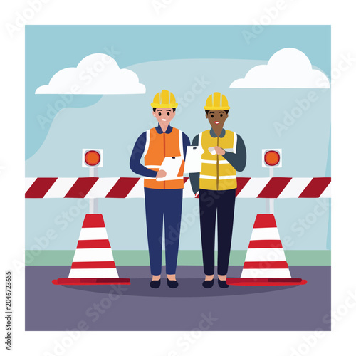 Two construction workers in safety vests and hard hats