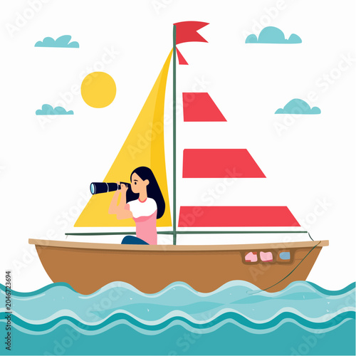 Woman on sailboat looking through telescope