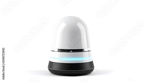 Futuristic autonomous robot with glowing blue light ring on a white background, sleek design for technology concepts