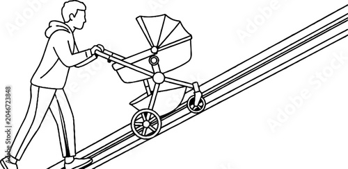 Person pushing baby stroller up steep incline indoors.