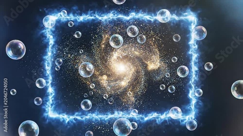 Glowing nebula sphere inside digital rectangular frame.