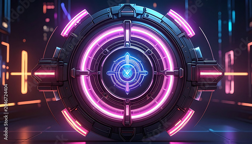 Futuristic cybernetic sphere with glowing neon purple and blue circuits, digital data streams, science fiction technology, AI core, network hub