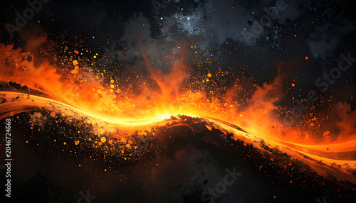 Fiery energy wave with glowing particles and smoke against dark textured background, abstract dynamism and power