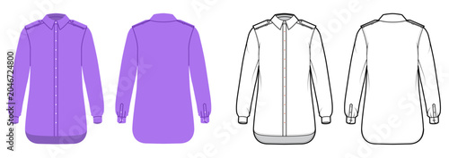 Minimal military shirt with epaulettes, clean placket and long sleeves with structured cuffs and smooth silhouette. Technical fashion illustration in black white color, front and back views. Vector