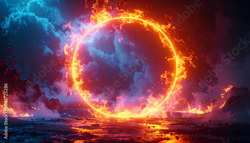Fiery portal or gateway glowing with intense orange energy, surrounded by mystical blue clouds and volcanic landscape, abstract fantasy art, representing transition, power, and the unknown