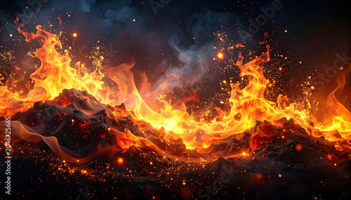 Fiery volcanic eruption, molten lava flowing down mountainside with glowing embers and smoke plumes, dramatic inferno, dark sky