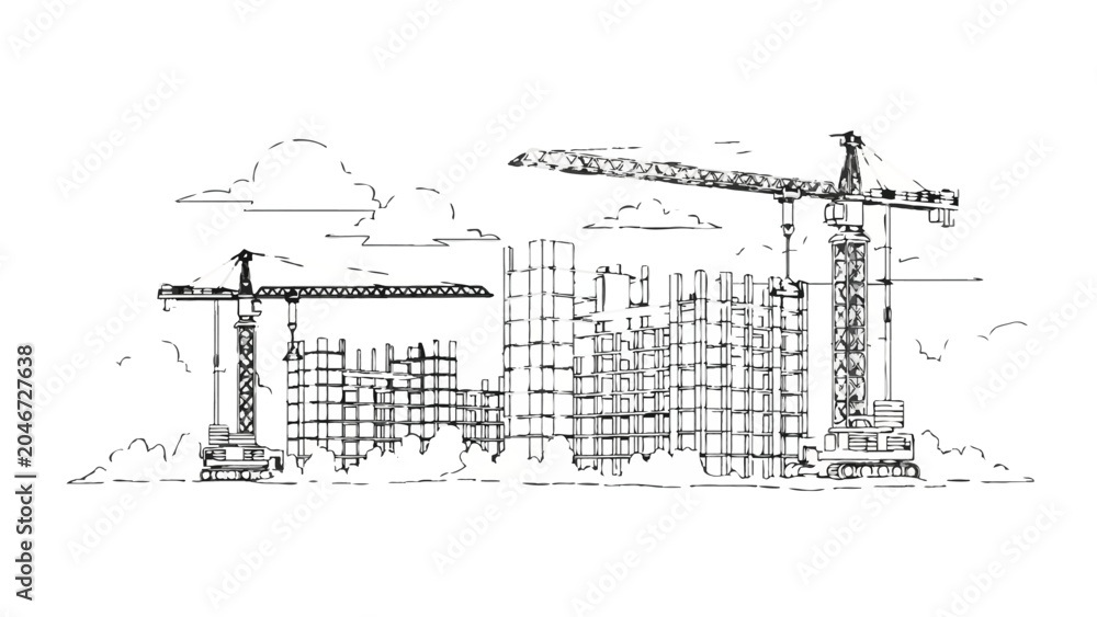 Obraz premium Construction Site Line Art Illustration with Tower Cranes and Unfinished Buildings; Architectural Sketch of Urban Development and Engineering