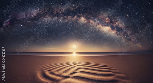 Surreal desert landscape under a majestic milky way galaxy sky at sunset.