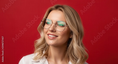 Smiling Blonde Woman with Glasses Looking Away on Red Background.