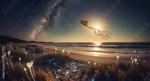 Surreal Night Landscape with Flying Kite and Milky Way over Glowing Beach.