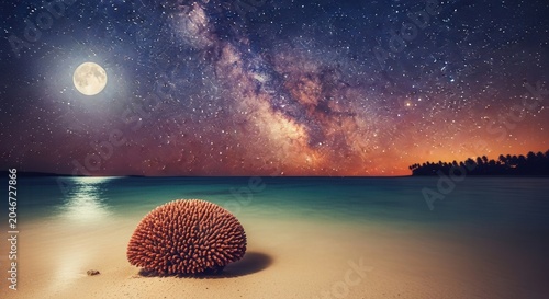 Surreal sea urchin on tropical beach under milky way galaxy night sky.