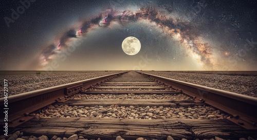 Surreal Night Landscape Featuring Railway Tracks Under A Full Moon And Milky Way Galaxy.