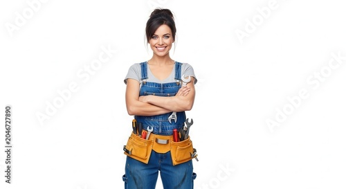 Smiling female construction worker standing with tools.
