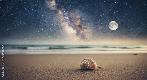 Surreal Seashell on a Sandy Beach Under a Starry Milky Way Night Sky.