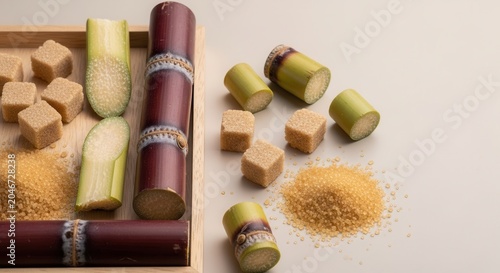 Sweet Sugar Cane Pieces and Cubes Arranged Artfully on a Light Surface.