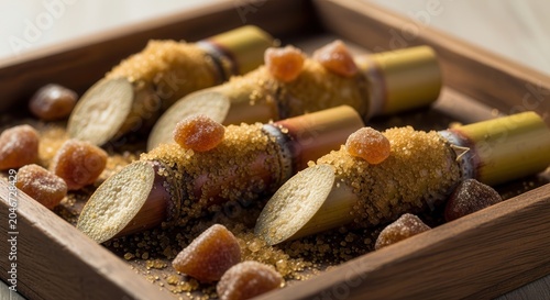 Sweet Sugar Cane Pieces with Gummy Candies and Spices in Wooden Tray.