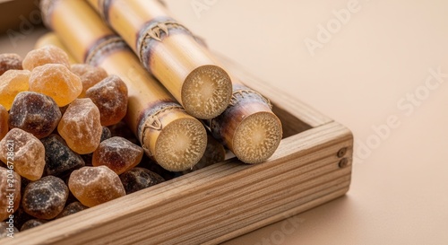 Sweet Sugar Cane Stalks and Brown Sugar Crystals in Wooden Crate.