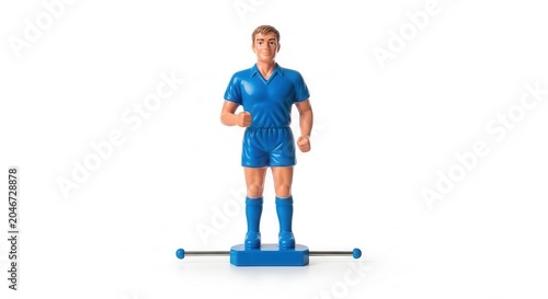 Table Football Player Figure in Blue Uniform on White Background.