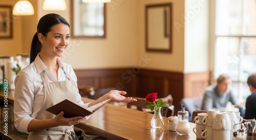 Smiling waitress holding a menu in a cafe.