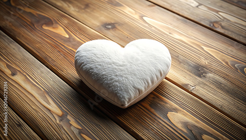 Fluffy white heart-shaped pillow resting on a textured rustic wooden surface with warm directional light