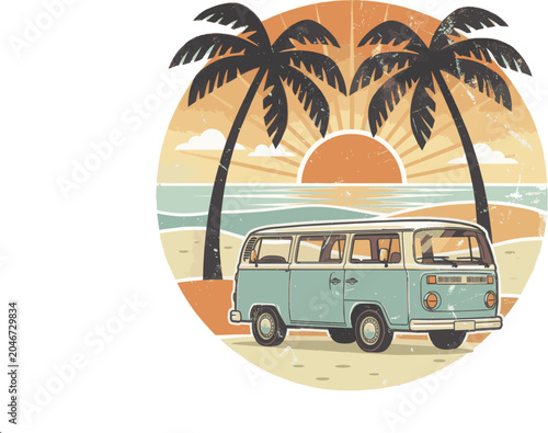 Vintage Camper Van on Tropical Beach at Sunset Travel Illustration