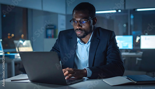 Focused businessman working late on a laptop in a modern office, screen glow on his face, understanding technology, business strategy