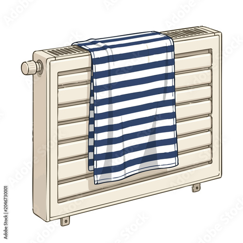 Radiator with striped towel hanging on white background  