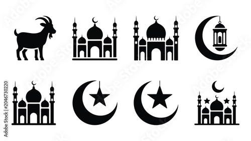 Canvas Print Islamic vector icon pack featuring mosque silhouette goat and crescent moon with stars