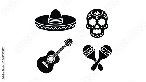 Fotografía Traditional mexican cultural icons including sombrero hat sugar skull guitar and maracas